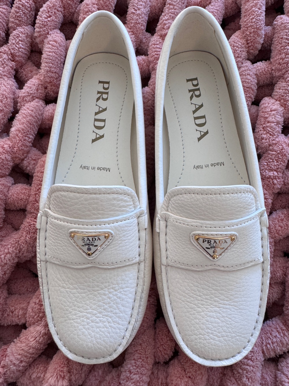 Prada White Leather Drivers with Gold Logo